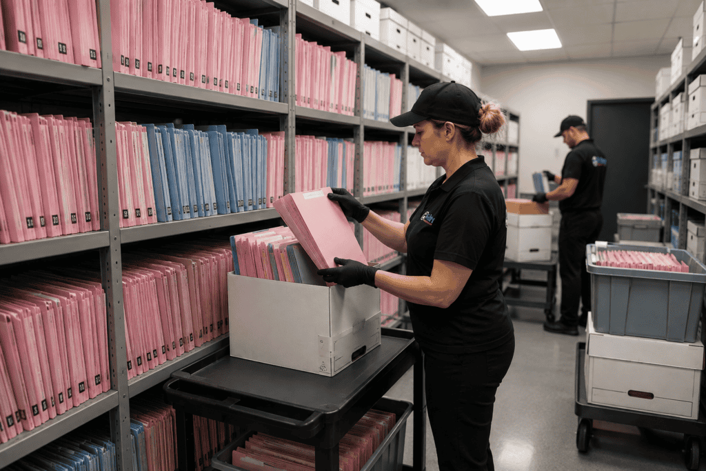 Archived pink and blue mammography film files being removed for secure purging