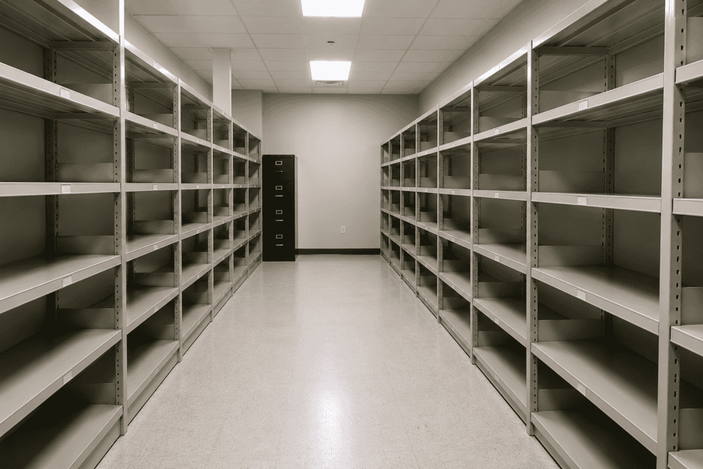 Empty x-ray film archive shelving after completed film purge